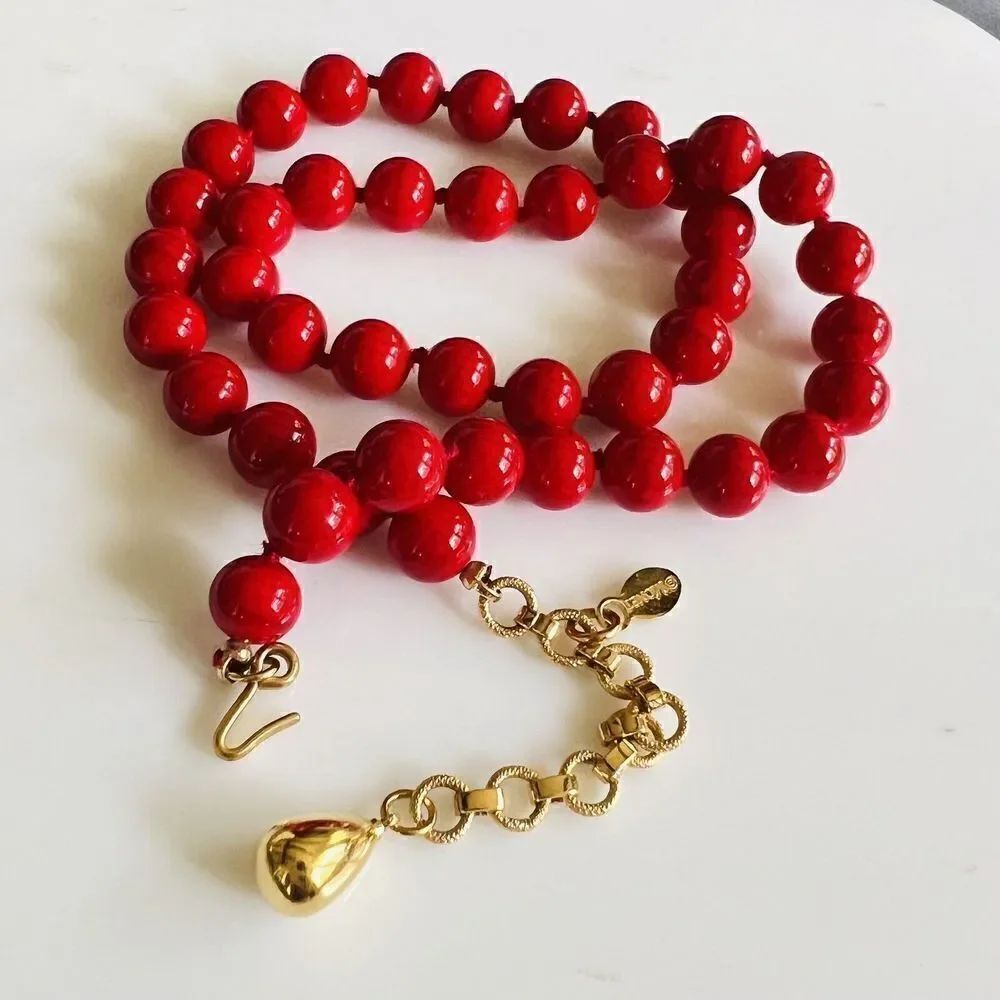 Vintage Monet Necklace Cherry Red Gold Lucite Beads Beaded PRETTY  18” 4325